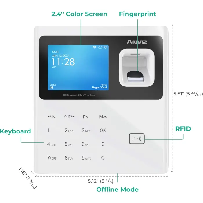 ANVIZ CX2 Fingerprint, PIN, RFID Time Clock Terminal White variant 7